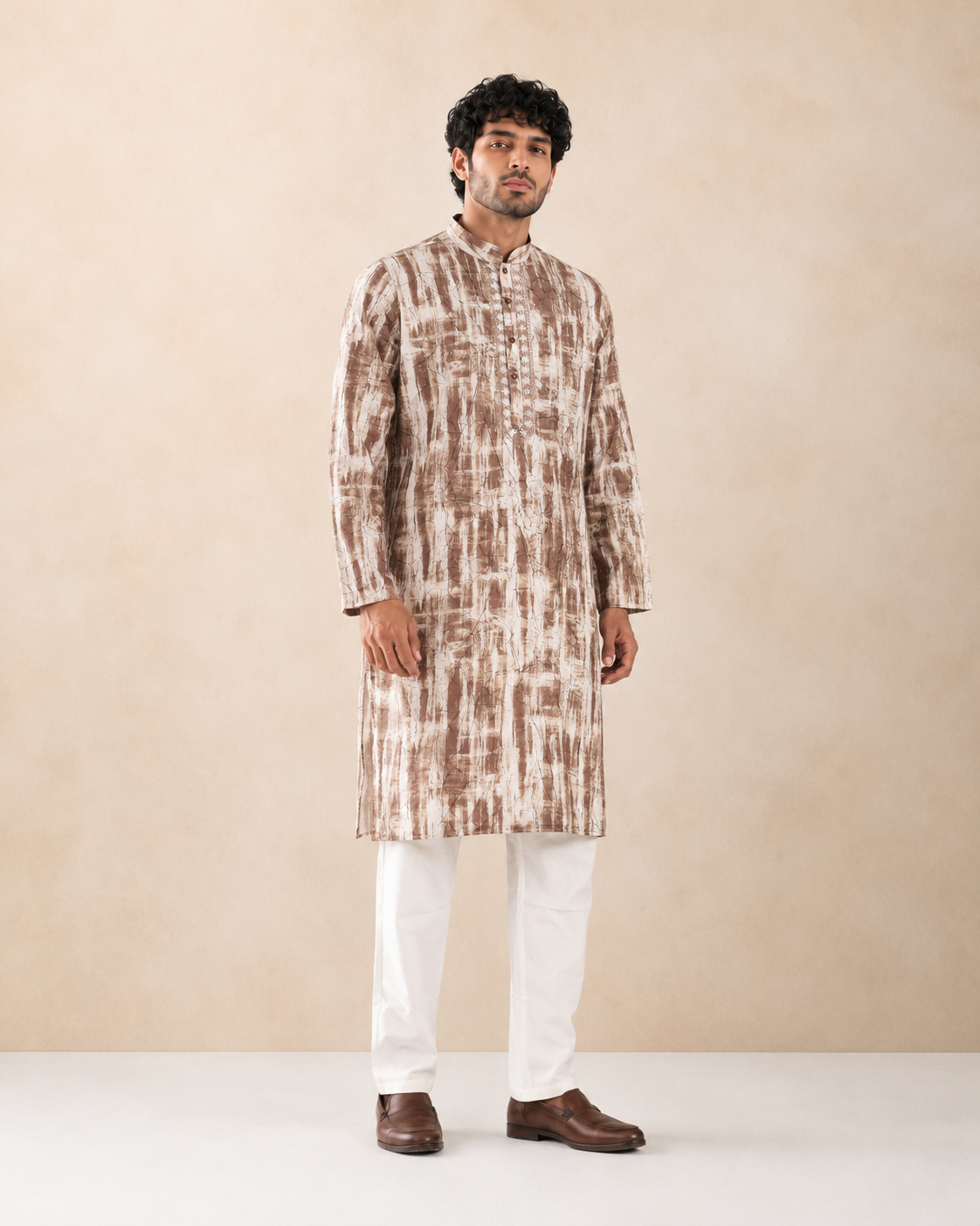 Men's Cocoa Brown & White Vintage Crush Classic Kurta Pyjama Set