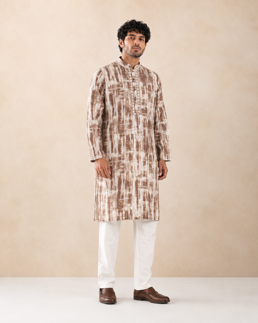 Men's Cocoa Brown & White Vintage Crush Classic Kurta Pyjama Set