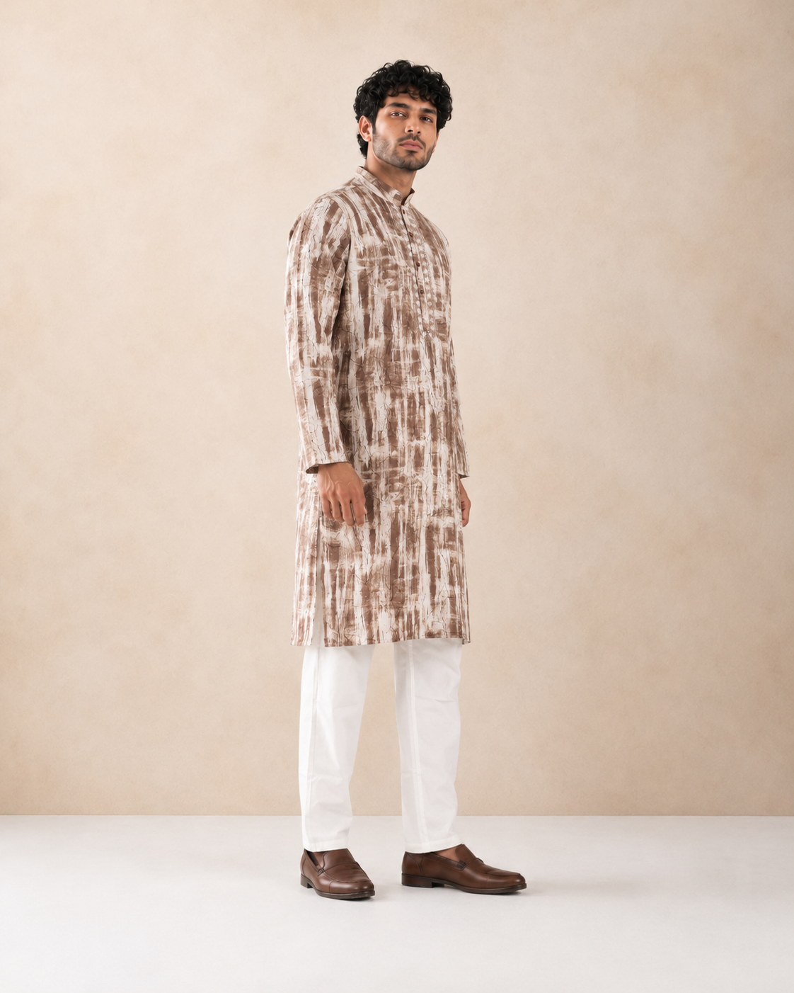 Men's Cocoa Brown & White Vintage Crush Classic Kurta Pyjama Set