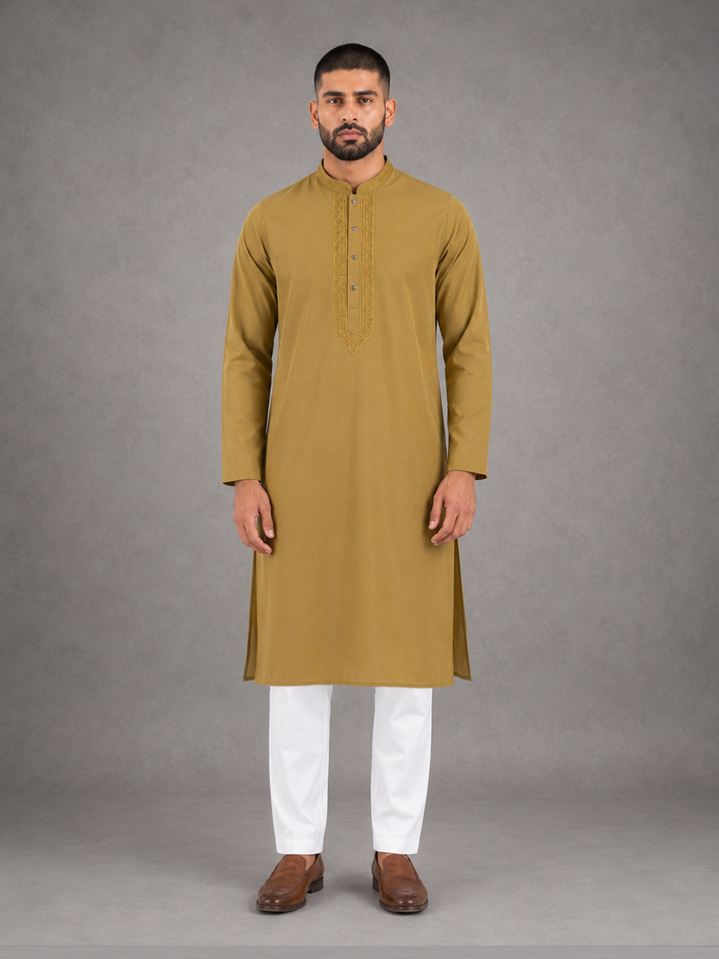 Men’s Mustard Yellow Textured Kurta Pyjama Set