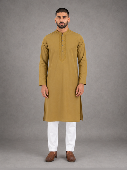 Men’s Mustard Yellow Textured Kurta Pyjama Set