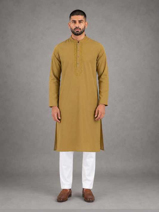 Men’s Mustard Yellow Textured Kurta Pyjama Set