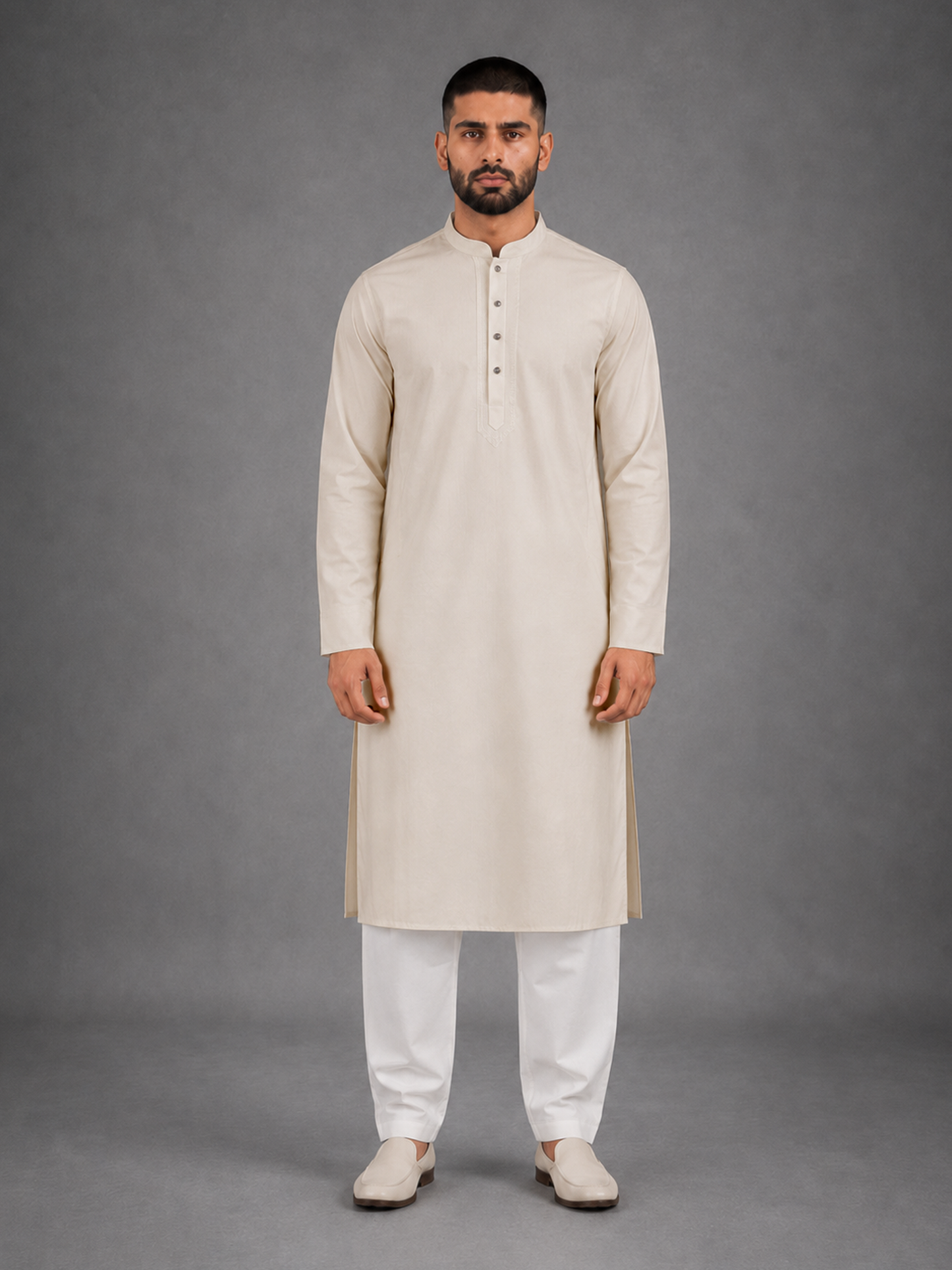 Men’s Cream  Textured Kurta Pyjama Set