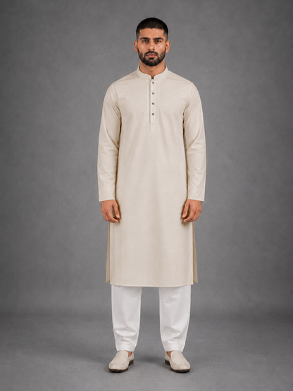Men’s Cream  Textured Kurta Pyjama Set