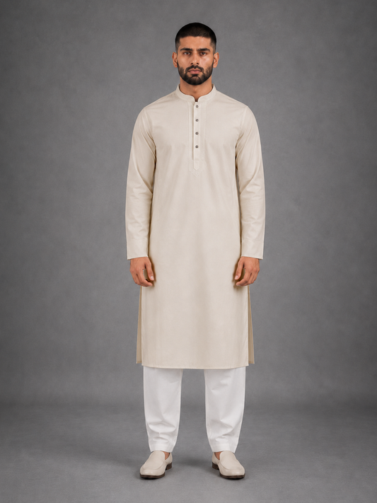 Men’s Cream  Textured Kurta Pyjama Set