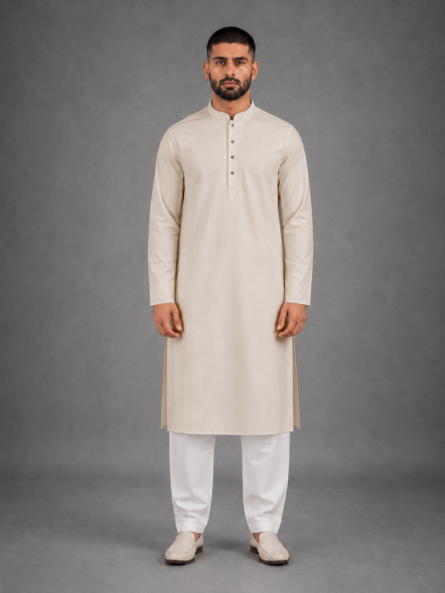 Men’s Cream  Textured Kurta Pyjama Set