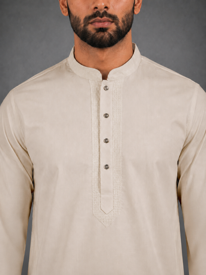 Men’s Cream  Textured Kurta Pyjama Set