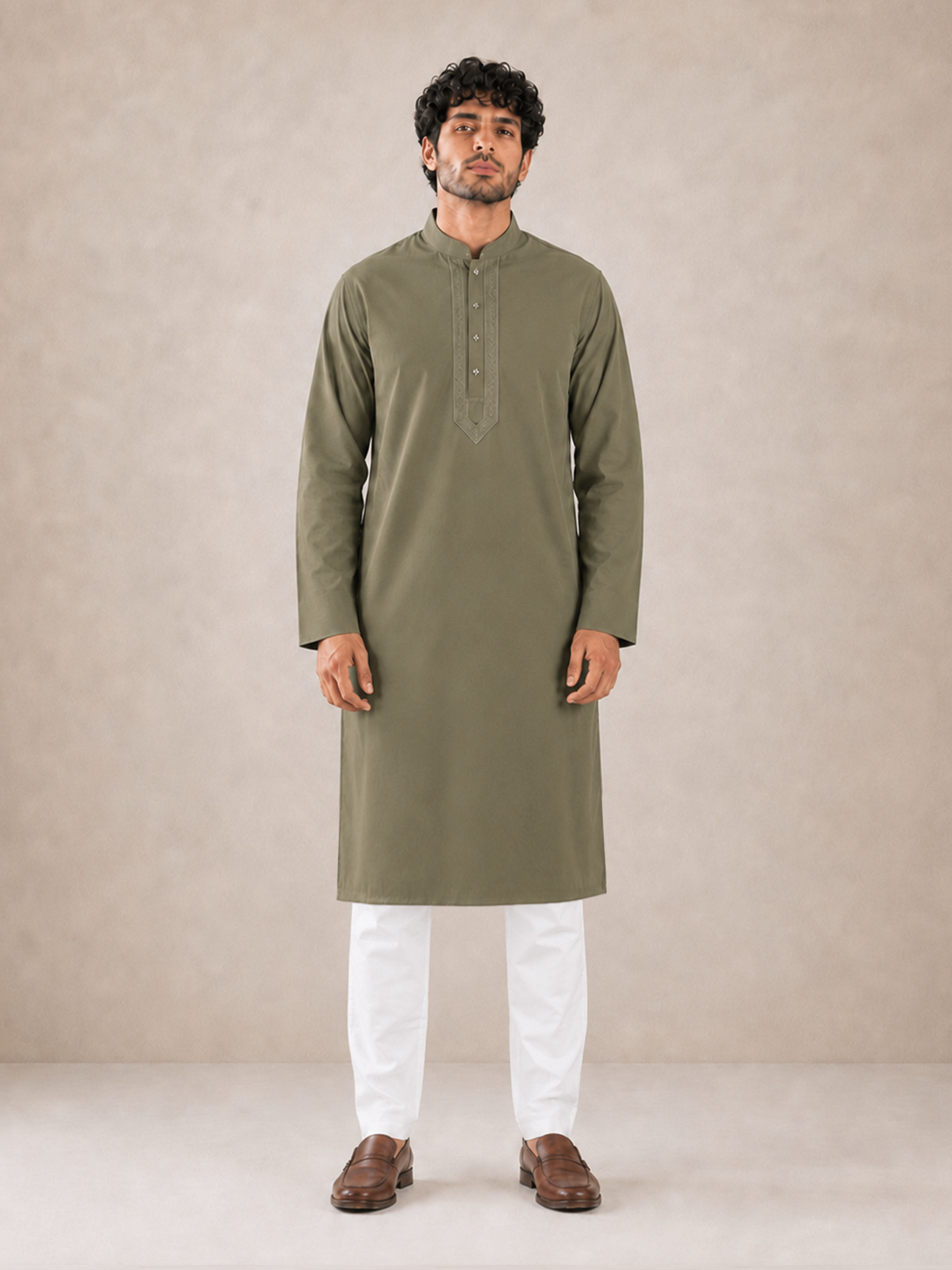 Men’s Olive Green Textured Kurta Pyjama Set