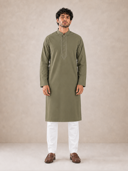 Men’s Olive Green Textured Kurta Pyjama Set