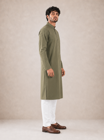 Men’s Olive Green Textured Kurta Pyjama Set