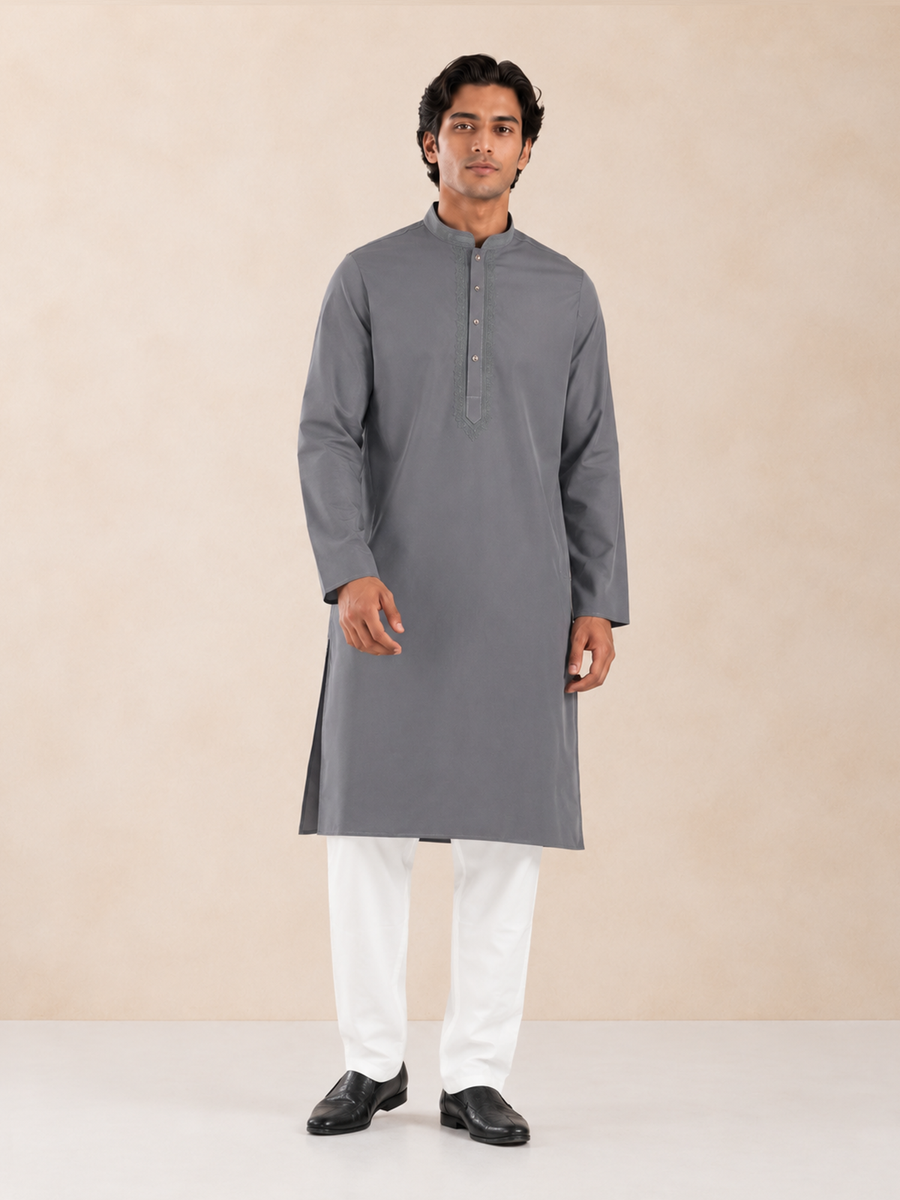 Men’s Grey Textured Kurta Pyjama Set