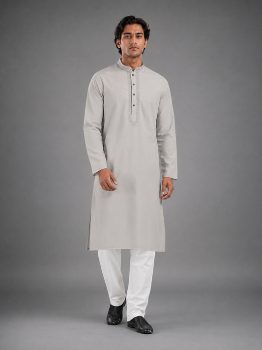 Men’s Light Grey Textured Kurta Pyjama Set