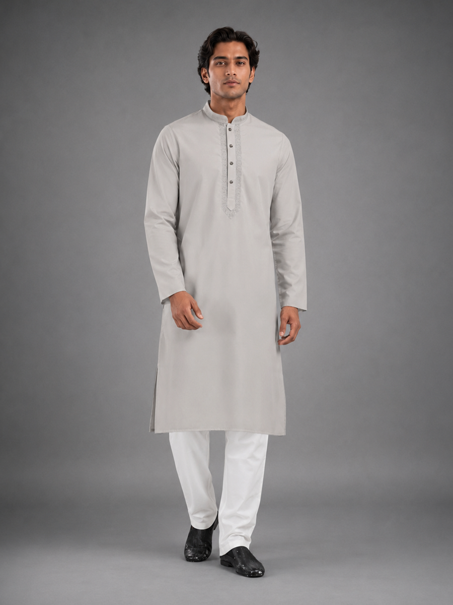 Men’s Light Grey Textured Kurta Pyjama Set
