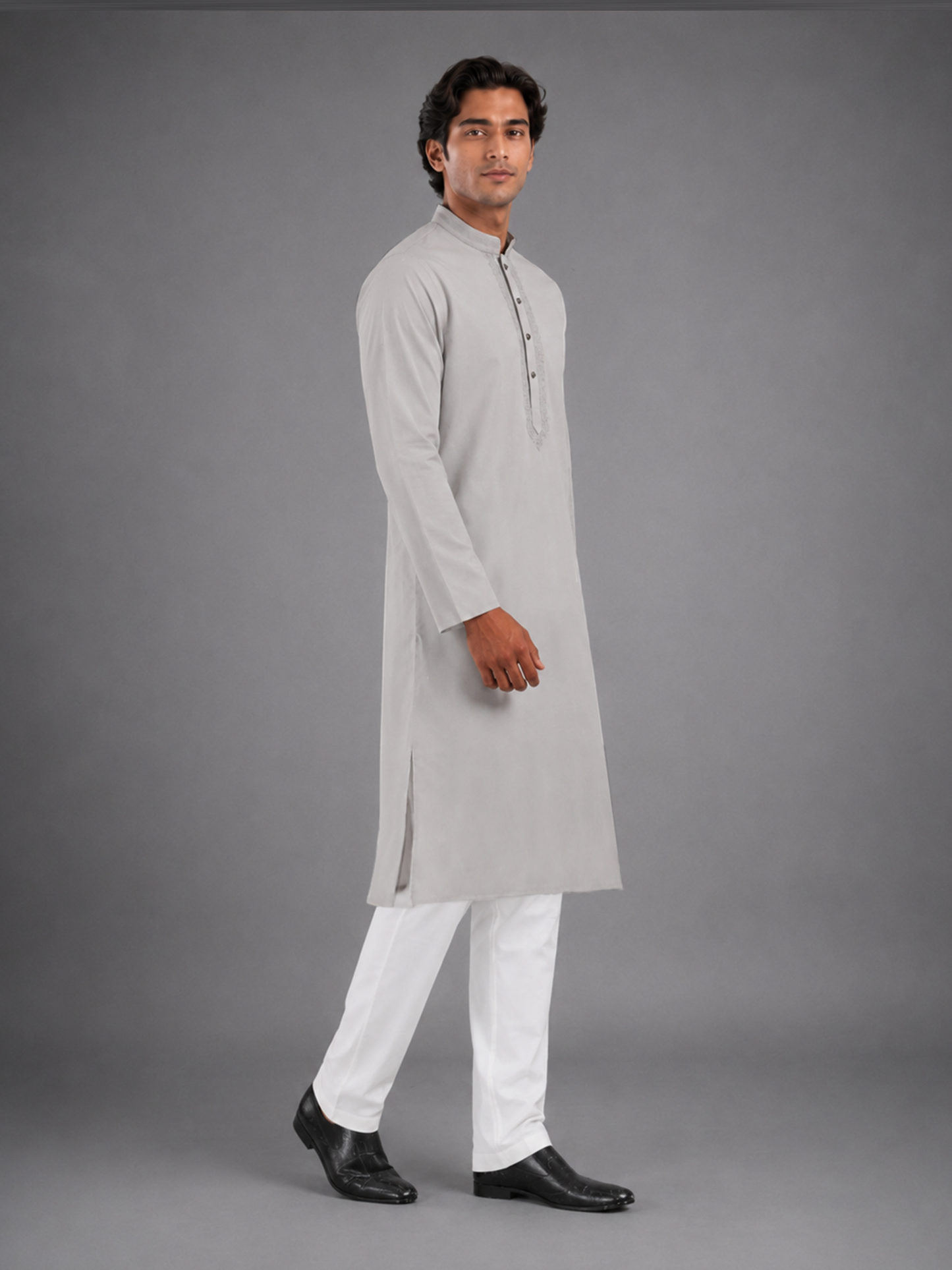 Men’s Light Grey Textured Kurta Pyjama Set