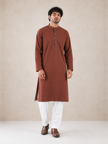 Men’s Rust Brown  Textured Kurta Pyjama Set