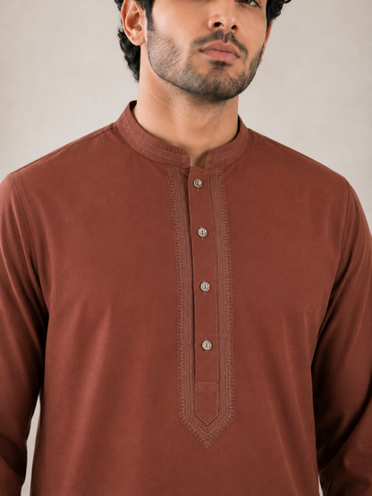 Men’s Rust Brown  Textured Kurta Pyjama Set