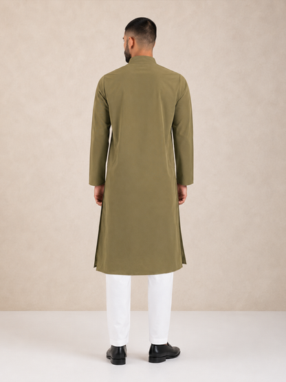Men’s Khaki Green Textured Kurta Pyjama Set