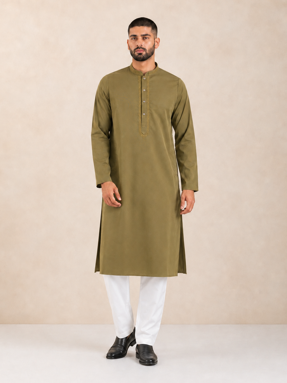 Men’s Khaki Green Textured Kurta Pyjama Set