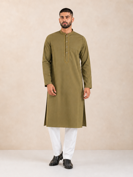 Men’s Khaki Green Textured Kurta Pyjama Set