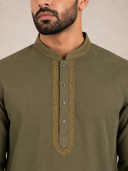 Men’s Khaki Green Textured Kurta Pyjama Set