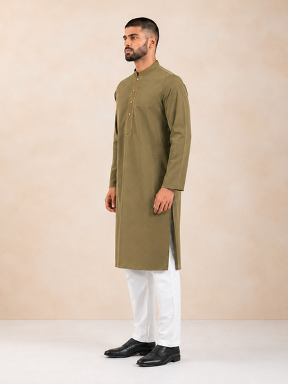 Men’s Khaki Green Textured Kurta Pyjama Set