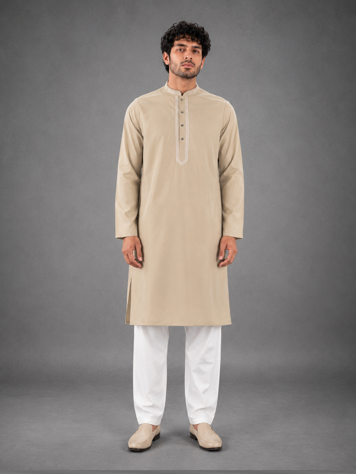 Men’s Beige Textured Kurta Pyjama Set