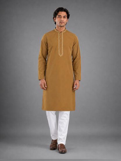 Men’s Dark Orange Textured Kurta Pyjama Set