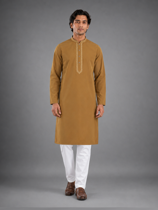 Men’s Dark Orange Textured Kurta Pyjama Set