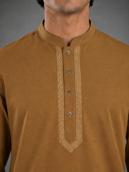 Men’s Dark Orange Textured Kurta Pyjama Set