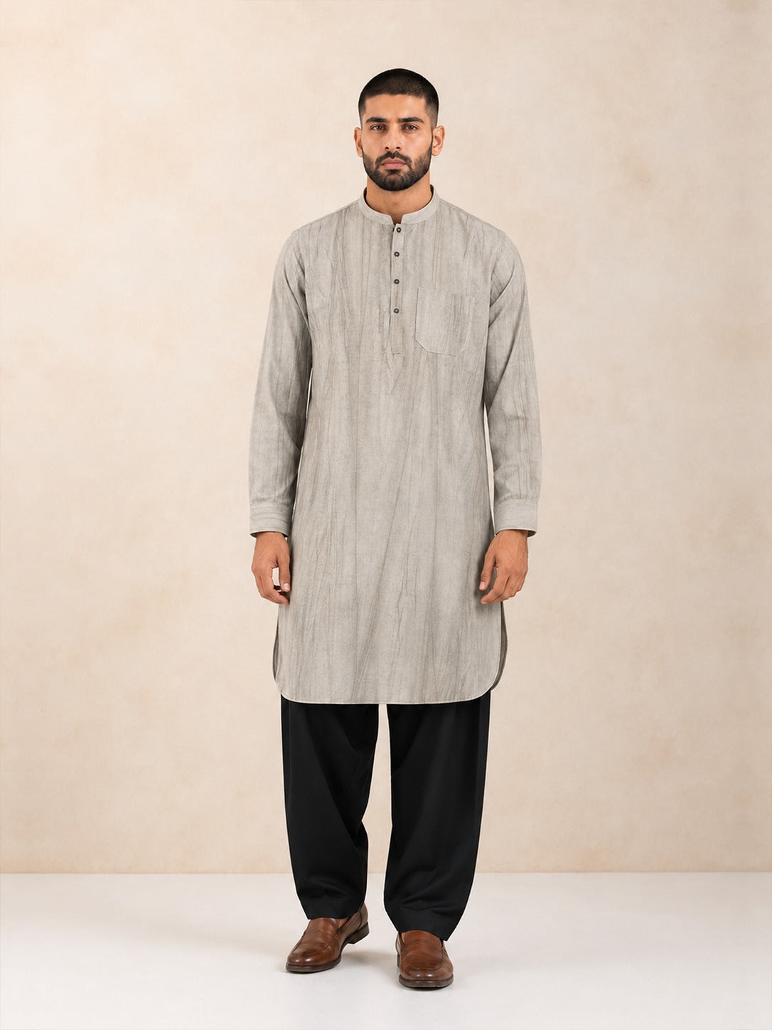 Men's beige smoked linen Pathani with black salwar, front view