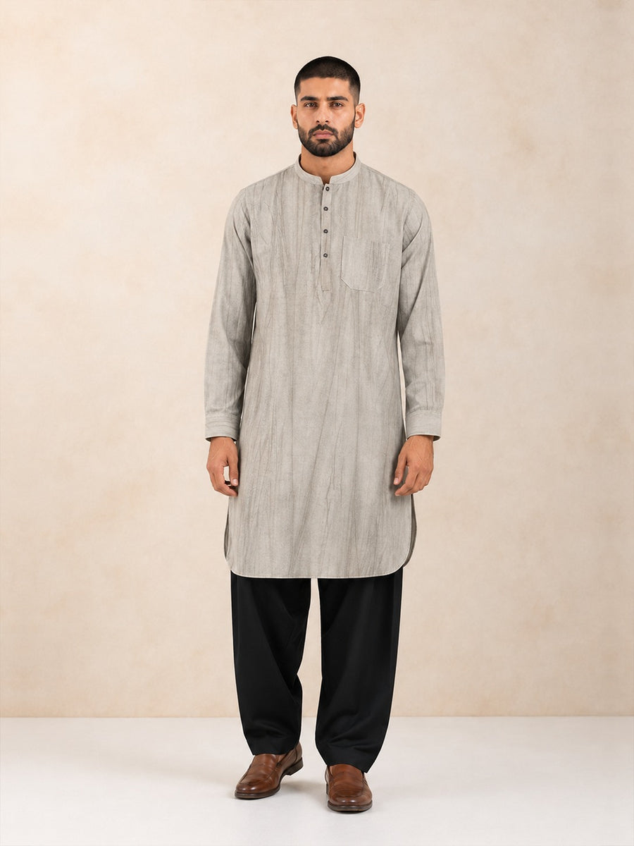 Men's beige smoked linen Pathani with black salwar, front view