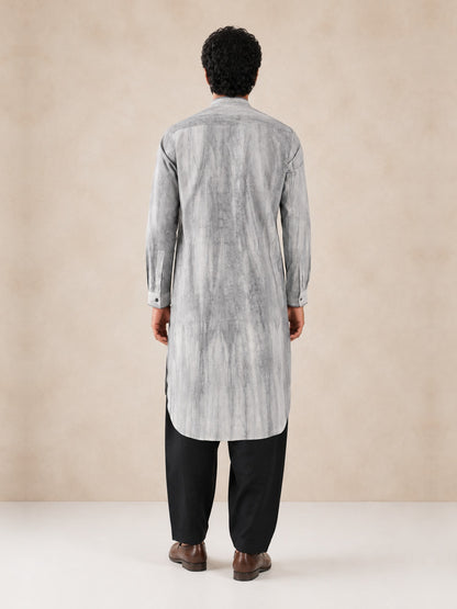 Men's grey smoked linen Pathani with black salwar, back view