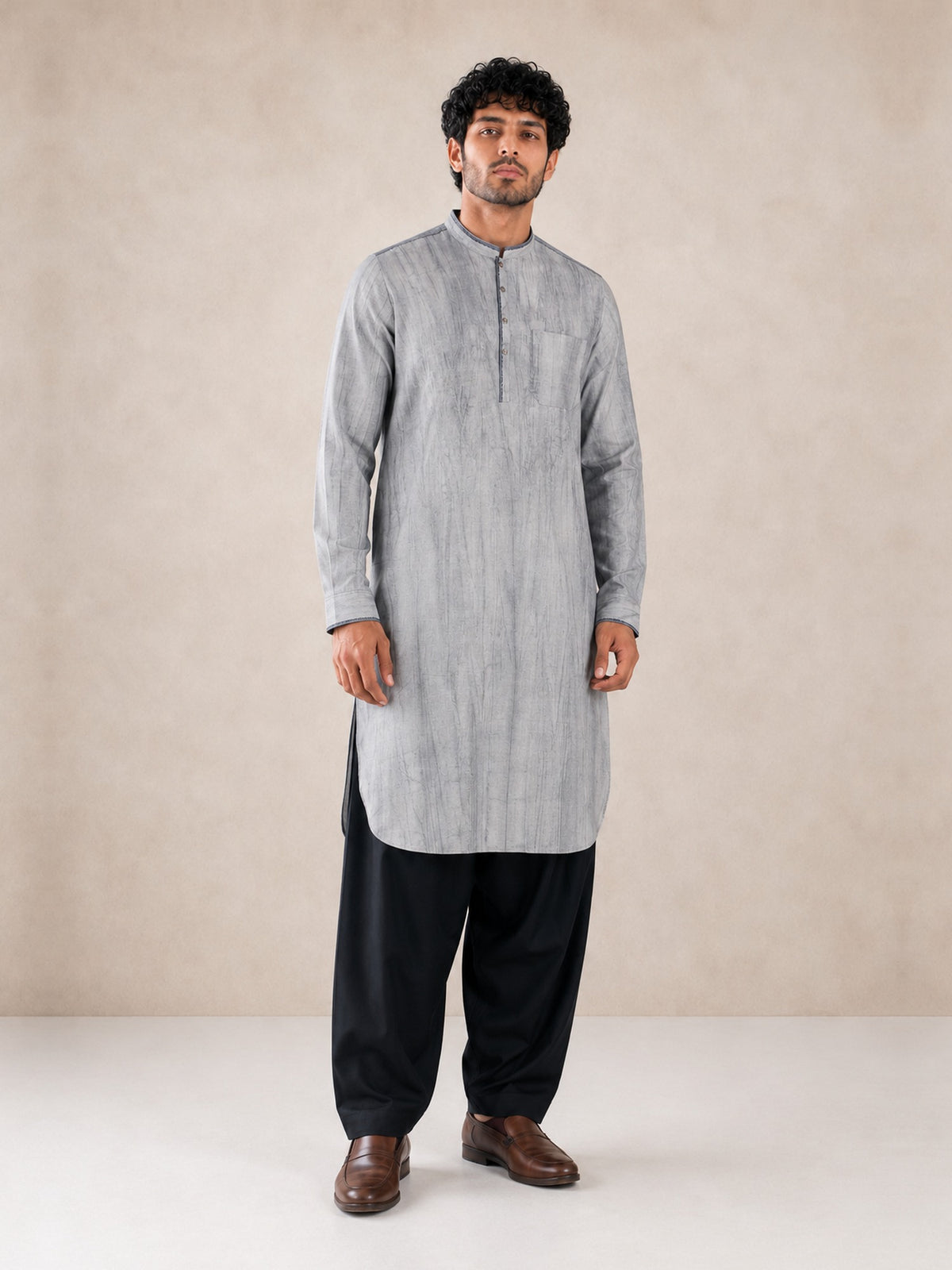 Men's grey smoked linen Pathani with black salwar, front view