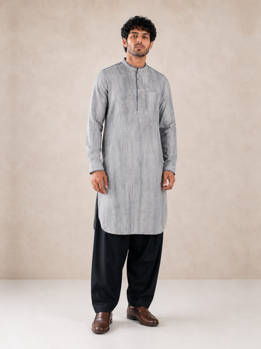 Men's grey smoked linen Pathani with black salwar, front view
