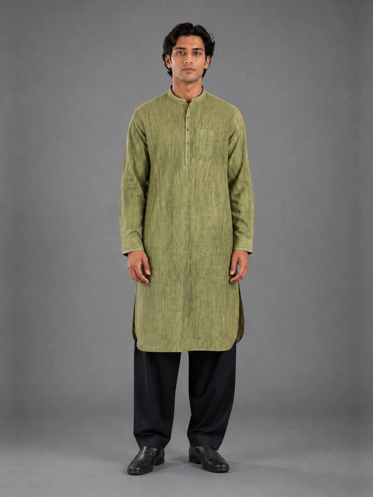 Men's olive green smoked linen Pathani with black salwar, front view