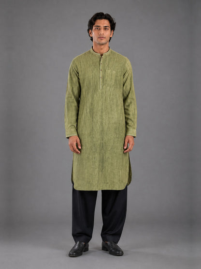 Men's olive green smoked linen Pathani with black salwar, front view