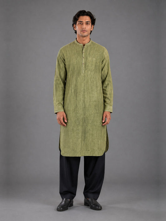 Men's olive green smoked linen Pathani with black salwar, front view