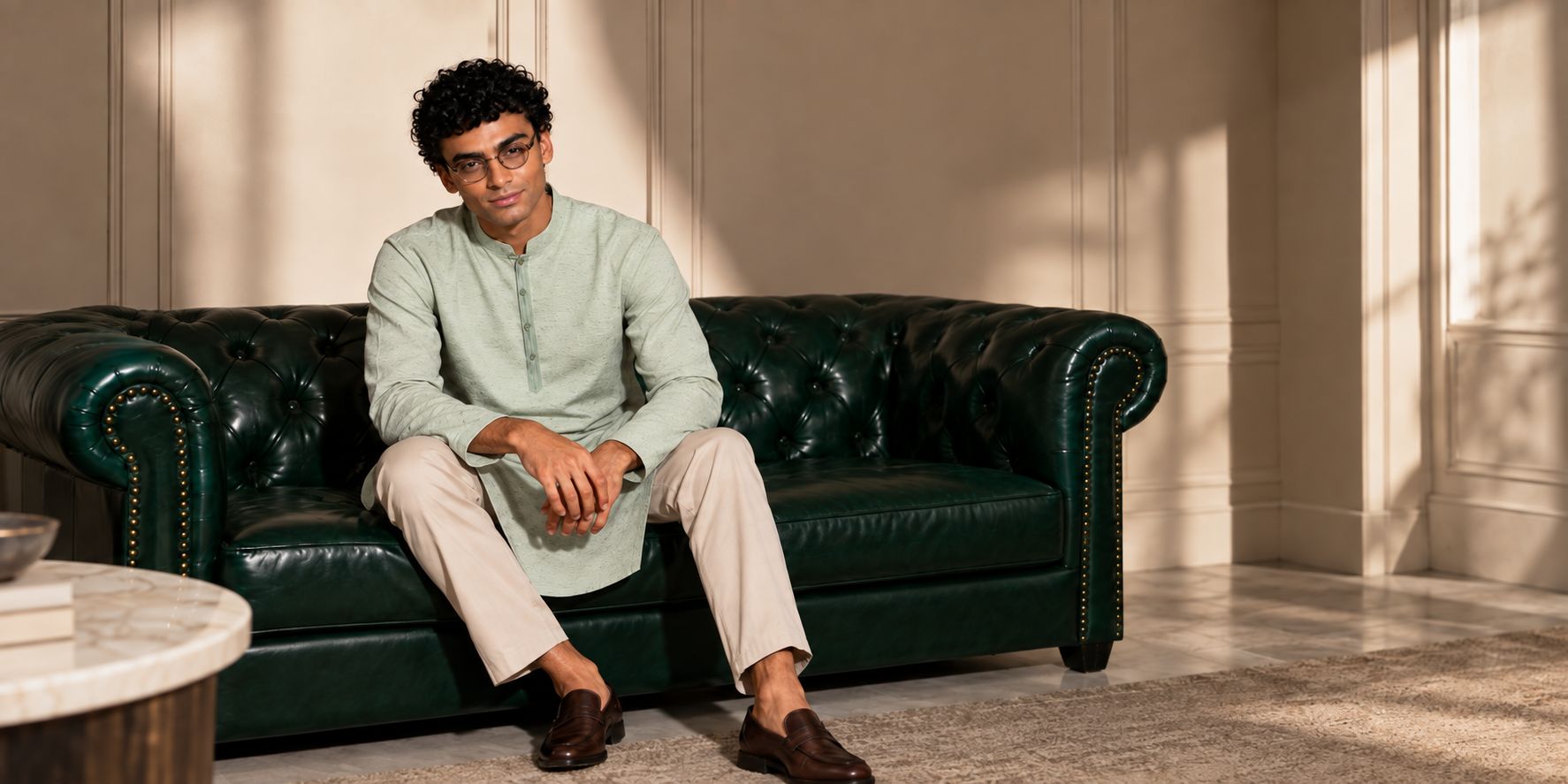 Man in a sage green kurta seated on a dark green leather sofa