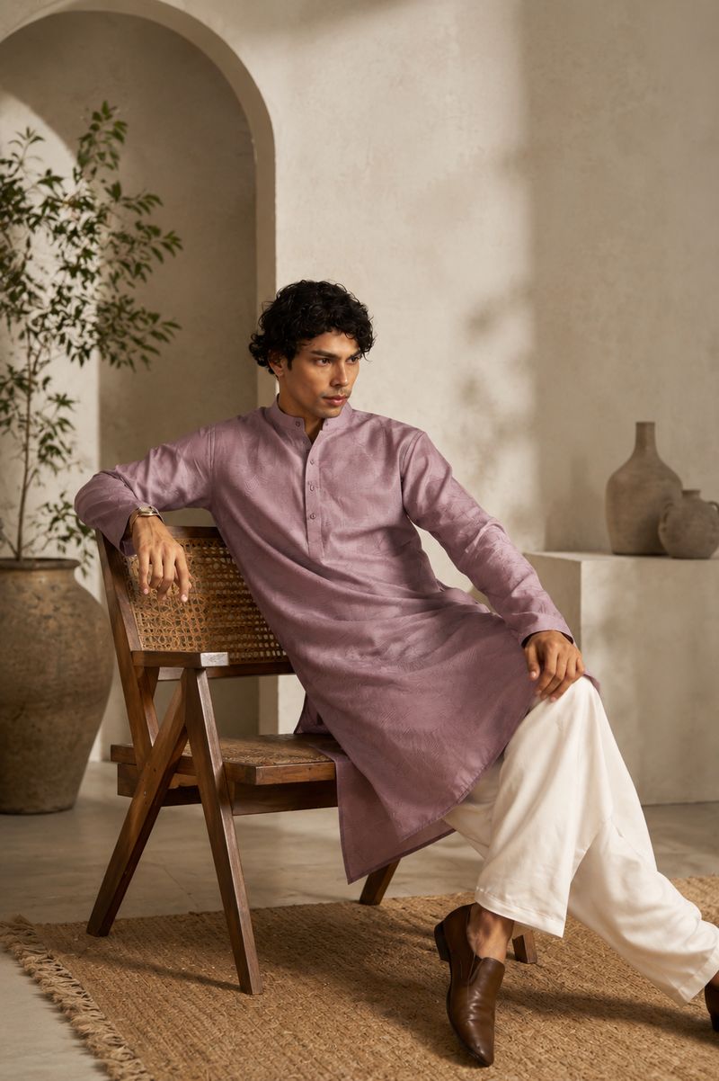 Man in a purple kurta seated on a cane chair