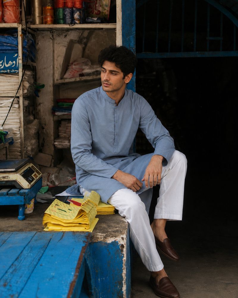 Man in a light blue kurta seated by a blue market stall